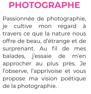 PHOTOGRAPHE Passionnée de photographie, je cultive mon regard à travers ce que la nature nous offre de beau, d’étrange et de surprenant. Au fil de mes balades, j’essaie de m’en approcher au plus près. Je l’observe, l’apprivoise et vous propose ma vision poétique de la photographie.