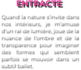 ENTRACTE Quand la nature s’invite dans nos intérieurs, je m’amuse d’un rai de lumière, joue de la nuance de l’ombre et de la transparence pour imaginer des formes qui semblent parfois se mouvoir dans un subtil ballet.