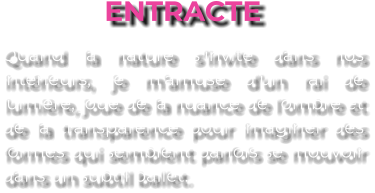 ENTRACTE Quand la nature s’invite dans nos intérieurs, je m’amuse d’un rai de lumière, joue de la nuance de l’ombre et de la transparence pour imaginer des formes qui semblent parfois se mouvoir dans un subtil ballet.